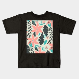 Coral pink flowers and leaves Kids T-Shirt